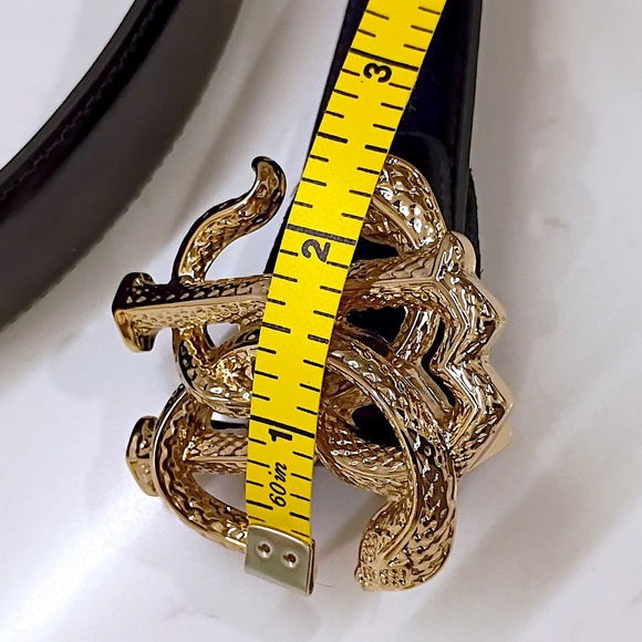 New Roberto Cavalli Gold RC Monogram Belt Women\'s Black Italian Leather 36W/34M